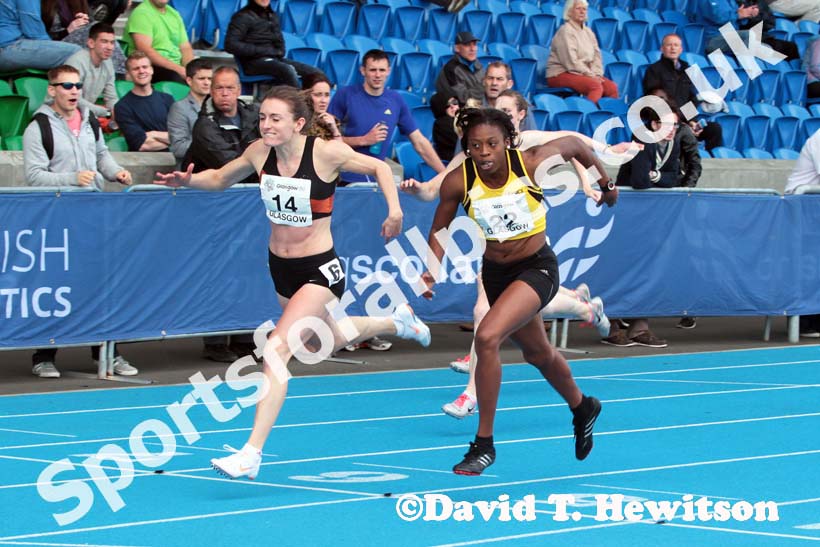 Leah Moore beats Susanna Banjo in the 200 metres at the Scottish Championships, Scotstoun  Stadium, Glasgow.